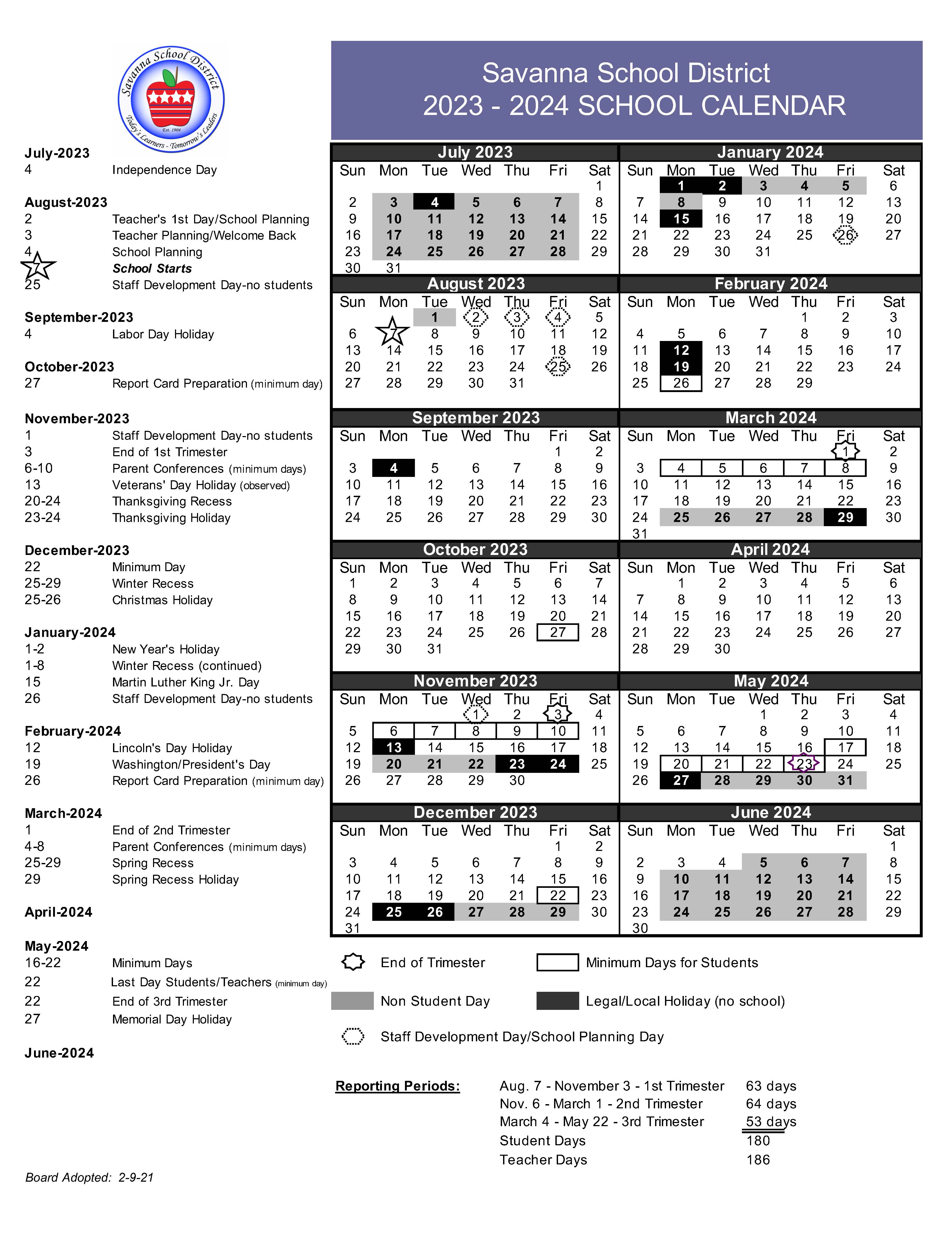 Savanna School District Academic Calendar